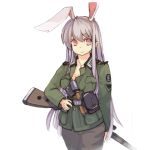  alternate_costume animal_ears bunny_ears coat gun jewelry long_hair lowres mouzhipotuzi necklace pants pendant pink_eyes purple_hair reisen_udongein_inaba rifle smile solo touhou weapon 