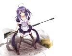  ammo_box apron dress gun long_hair maid murasaki_shitsu original purple_eyes purple_hair shell_casings sniper_rifle violet_eyes weapon zettai_ryouiki 