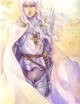  armor artist_request berserk cape griffith long_hair male signature solo traditional_media watercolor_(medium) white_hair 