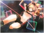  arm_strap arm_up blonde_hair blue_eyes breasts dutch_angle gloves long_hair looking_at_viewer macross macross_frontier microphone midriff navel open_mouth s1minami sheryl_nome short_shorts shorts solo space suspenders tubetop under_boob underboob 