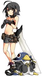  alternate_costume asagi_(nippon_ichi) asagiri_asagi belt beltbra bike_shorts black_hair brown_eyes disgaea glasses gloves navel prinny red_eyes sword warrior_(disgaea) weapon 