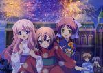  3boys absurdres baka_to_test_to_shoukanjuu blue_eyes blue_hair blush bow brown_hair camera fireworks green_eyes hair_bow highres himeji_mizuki japanese_clothes kimono kinoshita_hideyoshi long_hair multiple_boys multiple_girls noda_megumi_(artist) open_mouth pink_hair school shimada_minami short_hair trap tsuchiya_kouta very_long_hair yoshii_akihisa yukata 