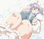  bare_legs blue_hair blush bottomless breasts curvy feet footwear hat heart highres hips iroyopon large_breasts lavender_hair letty_whiterock looking_at_viewer short_hair sitting smile snow socks solo thick_thighs thighs touhou wavy_hair wide_hips 