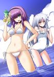  ;d angel_beats! aqua_eyes bare_shoulders bikini blush breasts cloud hairband hand_on_hip hands_on_own_chest hands_to_chest hips looking_at_viewer mound_of_venus multiple_girls navel one-piece_swimsuit open_mouth purple_hair school_swimsuit shinshin side-tie_bikini silver_hair sky smile swimsuit tachibana_kanade wading water white_bikini white_school_swimsuit wink yellow_eyes yuri_(angel_beats!) 