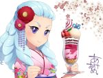  1girl 2015 akeome blue_eyes blue_hair blush flower hair_flower hair_ornament happinesscharge_precure! hiuna_hayami hosshiwa japanese_clothes kimono long_hair looking_at_viewer new_year parfait precure ringlets smile solo spoon 