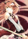  hair_bow long_hair magical_girl mahou_shoujo_madoka_magica polearm ponytail que4 red_eyes red_hair redhead sakura_kyouko smile weapon 