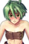  1girl belt beltbra blush collarbone disgaea female green_eyes green_hair warrior_(disgaea) 