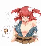  ! 1girl :t bandage bandages bleeding blood blush breasts bust cleavage cuts eyebrows hair_bobbles hair_ornament injury iroyopon large_breasts looking_at_viewer off_shoulder onozuka_komachi pout red_eyes red_hair redhead short_twintails simple_background solo tears touhou twintails white_background 