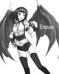  belt boots empusa fingernails hairband kara_(color) mole monochrome mythology navel original short_hair short_shorts shorts simple_background solo suspenders thigh-highs thigh_boots thighhighs wings wrist_cuffs zettai_ryouiki 