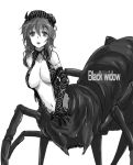  bare_shoulders breasts center_opening cleavage elbow_gloves gloves kara_(color) looking_at_viewer monochrome monster_girl navel open_mouth original simple_background solo spider_girl 