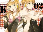  blonde_hair blue_eyes bra brother_and_sister dress hair_ornament hair_ribbon hairpin headphones kagamine_len kagamine_rin kiri_(lwp01_lav) lingerie necktie off_shoulder open_dress open_mouth pants ponytail red_bra ribbon shirt short_hair siblings sitting thigh-highs thighhighs topless twins underwear undressing vocaloid 