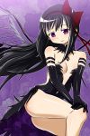  1girl akemi_homura akuma_homura ass bare_shoulders black_hair blush bow breasts choker collarbone dress elbow_gloves feathers gloves hair_bow hair_ribbon hairband hands_on_knee highres long_hair mahou_shoujo_madoka_magica purple_background ribbon sat-c shiny shiny_hair sitting smile solo spoilers violet_eyes wings 