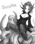  cleavage hair_up horns kara_(color) large_breasts looking_at_viewer monochrome monster_girl mythology original pantyhose scylla simple_background sitting skirt solo tentacle tentacle_girl tentacles 