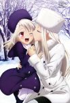  absurdres age_difference boots closed_eyes coat eyes_closed fate/stay_night fate/zero fate_(series) fur_hat hand_holding hat highres holding_hands illyasviel_von_einzbern irisviel_von_einzbern kiss long_hair megami mother_and_daughter multiple_girls official_art open_mouth pantyhose red_eyes silver_hair snow thigh_boots thighhighs tsuji_masatoshi very_long_hair wink winter 