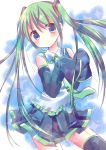  aino_osaru blue_eyes detached_sleeves green_hair hatsune_miku long_hair necktie skirt sleeves_past_wrists solo thigh-highs thighhighs twintails very_long_hair vocaloid 