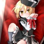  black_legwear blonde_hair blush bondage bound_wrists dress_shirt hat highres kotojima_motoki lunasa_prismriver ribbon ribbon_bondage shirt short_hair skirt solo tied touhou yellow_eyes 