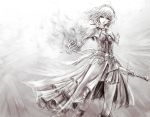  &gt;:( alice_margatroid bad_id bangs belt buckle bustier capelet earrings fire greyscale hairband head_tilt highres jewelry lace looking_at_viewer marimo_ouji monochrome prince_marimo short_hair sketch solo standing sword touhou weapon 