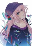  blue_eyes cabbie_hat earphones flower hat long_hair megurine_luka oharu pink_hair solo tears vocaloid 