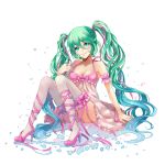  aqua_eyes arm_support babydoll green_hair hair_ribbon hatsune_miku high_heels long_hair momori nail_polish ribbon shoes sitting smile solo thigh-highs thighhighs twintails very_long_hair vocaloid 