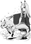  cherry_blossoms fan fox fox_ears fox_tail ike_(altitude_attitude) japanese_clothes leaf monochrome sandals smoke tail tamae_(neko_musume_michikusa_nikki) tree_branch yuu_yake_koya_ke 