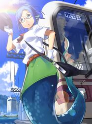  :o ascot bag belt between_breasts blue_eyes blue_hair building cloud glasses gloves hat head_fins holding holding_hat lens_flare mermaid monster_girl open_mouth original rainbow red-framed_glasses semi-rimless_glasses shoulder_bag skirt sky solo sun sunlight tail train train_attendant under-rim_glasses water white_gloves yuuzii 