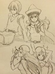  bikini_top blush cape card circlet dragon_quest dragon_quest_iv dress gloves hat hero_(dq4) holding holding_card kami_musume long_hair manya minea monochrome siblings sisters sketch sparkle 