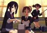  absurdres bag black_hair blazer broom brown_eyes brown_hair detexted footwear hair_ribbon highres hirasawa_ui horiguchi_yukiko k-on! kneeling legs long_hair megami multiple_girls nakano_azusa official_art open_mouth ponytail ribbon school_bag school_uniform shoes short_hair sleeves_rolled_up socks suzuki_jun twintails uwabaki very_long_hair 