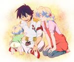  1girl baby blue_hair boota couple diaper family good_end happy husband_and_wife if_they_mated jewelry mosako multicolored_hair nia_teppelin outstretched_hand ring simon sitting smile tengen_toppa_gurren_lagann two-tone_hair 
