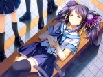  animal_ears black_legwear breasts cat_ears catgirl eyes_closed game_cg headphones highres lying otomimi_infinity purple_hair school_uniform short_hair sleeping suzune_mayoi tail thighhighs 