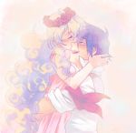  1girl blue_hair closed_eyes couple eyes_closed happy head_wreath holding hug kiss laughing lolalol multicolored_hair nia_teppelin simon tengen_toppa_gurren_lagann two-tone_hair 