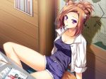  animal_ears blush breasts brown_hair chair cigarette cleavage fox_ears fox_tail foxgirl game_cg highres large_breasts looking_at_viewer map nagumo_ryouko otomimi_infinity paper pen shirt short_hair shorts sitting smoking solo tail violet_eyes 