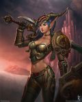  blood_elf blue_hair breasts choker cleavage earrings elf gloves green_eyes highres horns jewelry lips long_hair mask mask_removed midriff navel original pants pointy_ears shield shiramune solo sword warcraft watermark weapon world_of_warcraft 