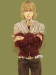  2boys barnaby_brooks_jr blonde_hair crossed_arms glasses green_eyes jacket jewelry male multiple_boys necklace okome_oisii realistic red_jacket ring simple_background solo tiger_&amp;_bunny 