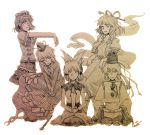  belt dress earmuffs ghost gradient hair_rings hair_stick hat headphones japanese_clothes jiangshi kaku_seiga miyako_yoshika mononobe_no_futo multiple_girls ofuda outstretched_arms ponytail ritual_baton seiza shawl shinburu short_hair simple_background sitting skirt smile soga_no_tojiko star sword tate_eboshi touhou toyosatomimi_no_miko vest weapon white_background zombie_pose 