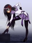  1girl akemi_homura argyle argyle_legwear black_hair black_legwear capelet frills hair_ribbon hairband high_heels highres leg_up long_hair long_sleeves magical_girl mahou_shoujo_madoka_magica pantyhose ribbon sat-c shaded_face shadow shiny shiny_hair shiny_skin skirt solo soul_gem stretch violet_eyes 