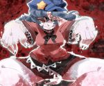  :p blue_eyes blue_hair breasts curvy drooling fingernails foreshortening hands hat highres iroyopon jiangshi long_fingernails looking_at_viewer miyako_yoshika ofuda outstretched_arms pale_skin red red_eyes saliva shawl short_hair skirt smile solo star tongue tongue_out touhou wavy_hair zombie_pose 