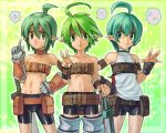  3girls belt beltbra bike_shorts disgaea female green_eyes green_hair pointy_ears sword warrior_(disgaea) 