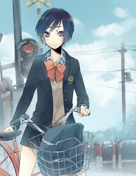  bag bicycle black_hair blue_eyes bow highres inko_(mini) looking_at_viewer original plaid pleated_skirt railroad_crossing school_uniform short_hair skirt solo telephone_pole traffic_light 