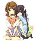  2girls brown_eyes brown_hair female highres hirasawa_yui k-on! long_hair meno multiple_girls nakano_azusa pillow shawl short_hair simple_background sitting thigh-highs thighhighs twintails 