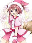  1girl akaza_akari bad_id broom cosplay gloves hair_bun harukaze_doremi harukaze_doremi_(cosplay) leg_up magical_girl ojamajo_doremi open_mouth purple_eyes red_hair redhead sao_(0060) solo translation_request violet_eyes yuru_yuri 