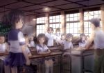  bag classroom desk highres multiple_boys multiple_girls original school_bag school_desk school_uniform serafuku sitting skirt taka_(tsmix) 