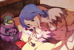  bed bird blue_eyes blue_hair cellphone cellphone_charm inazuma_eleven inazuma_eleven_(series) long_hair lying multicolored_hair penguin phone urubida white_hair yui_ko 