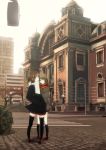  architecture blue_eyes blush brown_eyes brown_hair building city cityscape coat comrade_stalin hand_in_pocket highres lamppost loafers looking_back multiple_girls original osaka_(city) real_world_location scarf shoes skirt street thigh-highs thighhighs zettai_ryouiki 