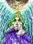 bad_id detached_sleeves frog gohei green_hair hair_ornament kochiya_sanae long_hair long_skirt magic mgn0isi oekaki serious skirt snake solo sunbeam sunlight touhou water waves wide_sleeves