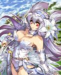  bare_shoulders blue_hair breasts bridal_gauntlets character_request cleavage copyright_request flower hair_flower hair_ornament hairband hisahiko large_breasts long_hair looking_at_viewer red_eyes smile sword trademark weapon 
