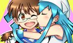  blue_hair bracelet brown_eyes brown_hair cheek_kiss glasses ikamusume jewelry kiss long_hair multiple_girls sakura_kiyomi shiguko shinryaku!_ikamusume tentacle_hair yuri 