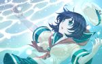  :o aqua_eyes black_hair caustic_lighting dutch_angle hat hat_removed headwear_removed highres murasa_minamitsu nail_polish outstretched_arms sailor sailor_hat sailor_outfit shirane_koitsu short_hair solo spread_arms syouji-fascism touhou underwater 