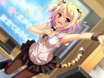  animal_ears bare_shoulders blonde_hair blush bracelets breasts byoubu_tetora cat_ears cat_tail fang game_cg gradient_hair highres karaoke microphone multicolored_hair otomimi_infinity outstretched_arm purple_eyes short_hair singing skirt solo sweat tail violet_eyes zipper 