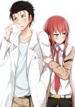  1boy 1girl belt black_hair blue_eyes blush coat collarbone commentary couple hetero highres igakusei labcoat long_hair long_sleeves looking_away makise_kurisu necktie off_shoulder okabe_rintarou open_clothes open_coat pants pout redhead shirt steins;gate yellow_eyes 