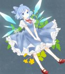  :o amagasa_(tinami) blue_eyes blue_hair chico152 cirno floral_background gradient_eyes mary_janes multicolored_eyes no_socks shoes short_hair solo touhou v_arms wings 